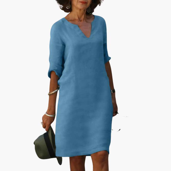 Women’s V-Neck Mini Dress with 3/4 Sleeves and Tapered Waist