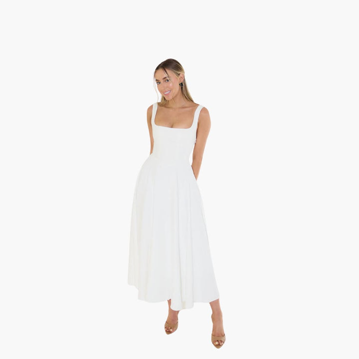 Women’s Midi Dress with Square Neckline and Flared Skirt