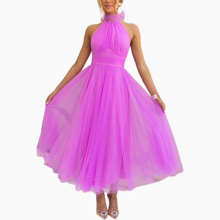 Women’s Tulle Dress with Halter Neck and Flowing Skirt