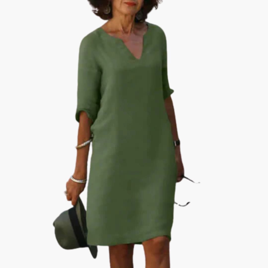 Women’s Shift Dress with Notch Neckline and Long Sleeves
