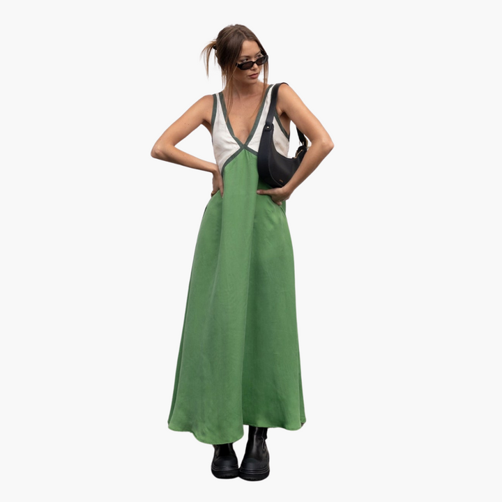 Women’s Maxi Dress with V-Neck and Colour-Block Design