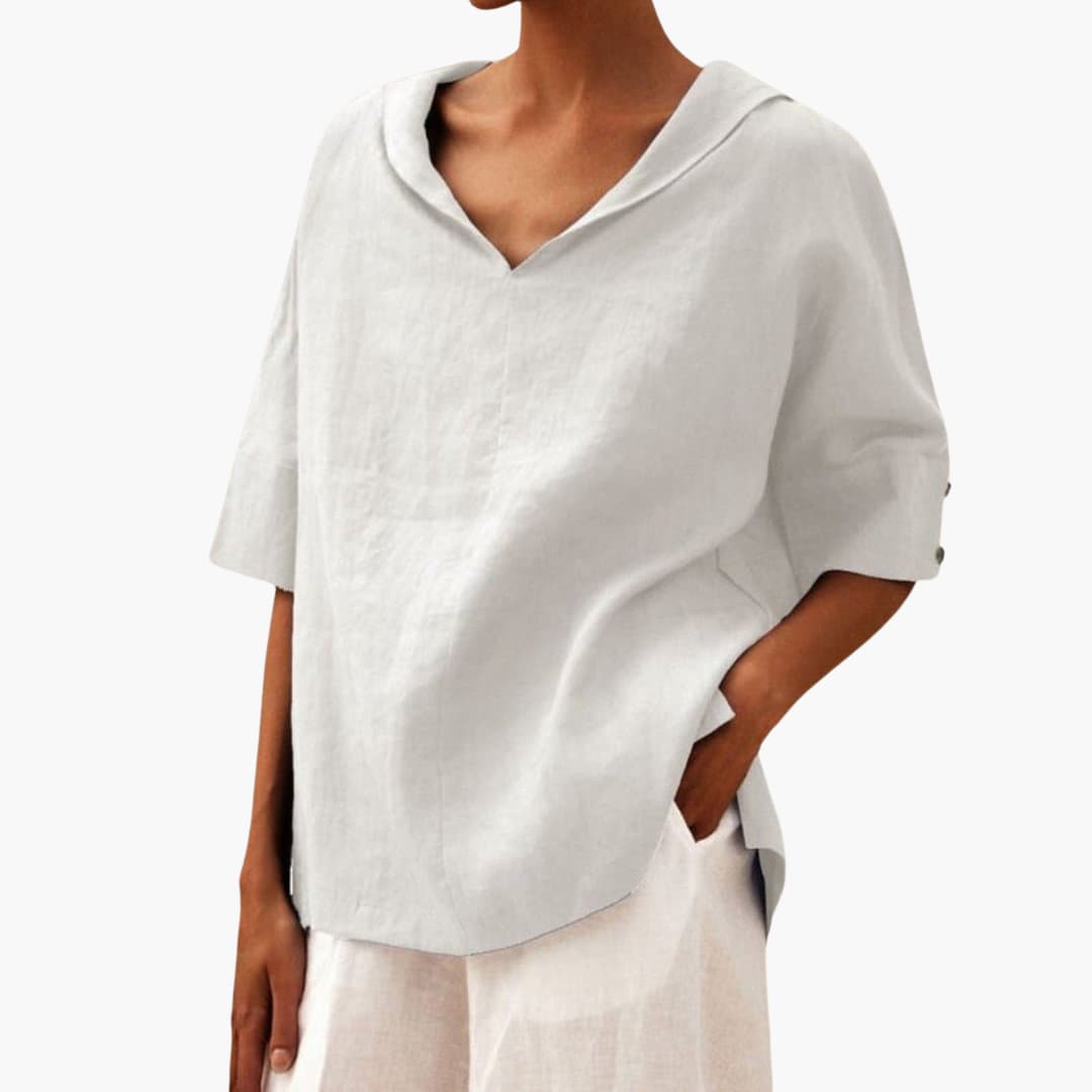 Women’s short sleeve blouse with V-neck and rolled sleeves