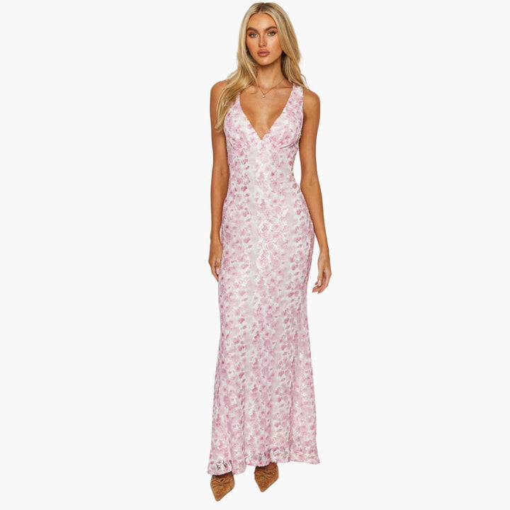 Women’s Maxi Dress with Lace Overlay and Open Back