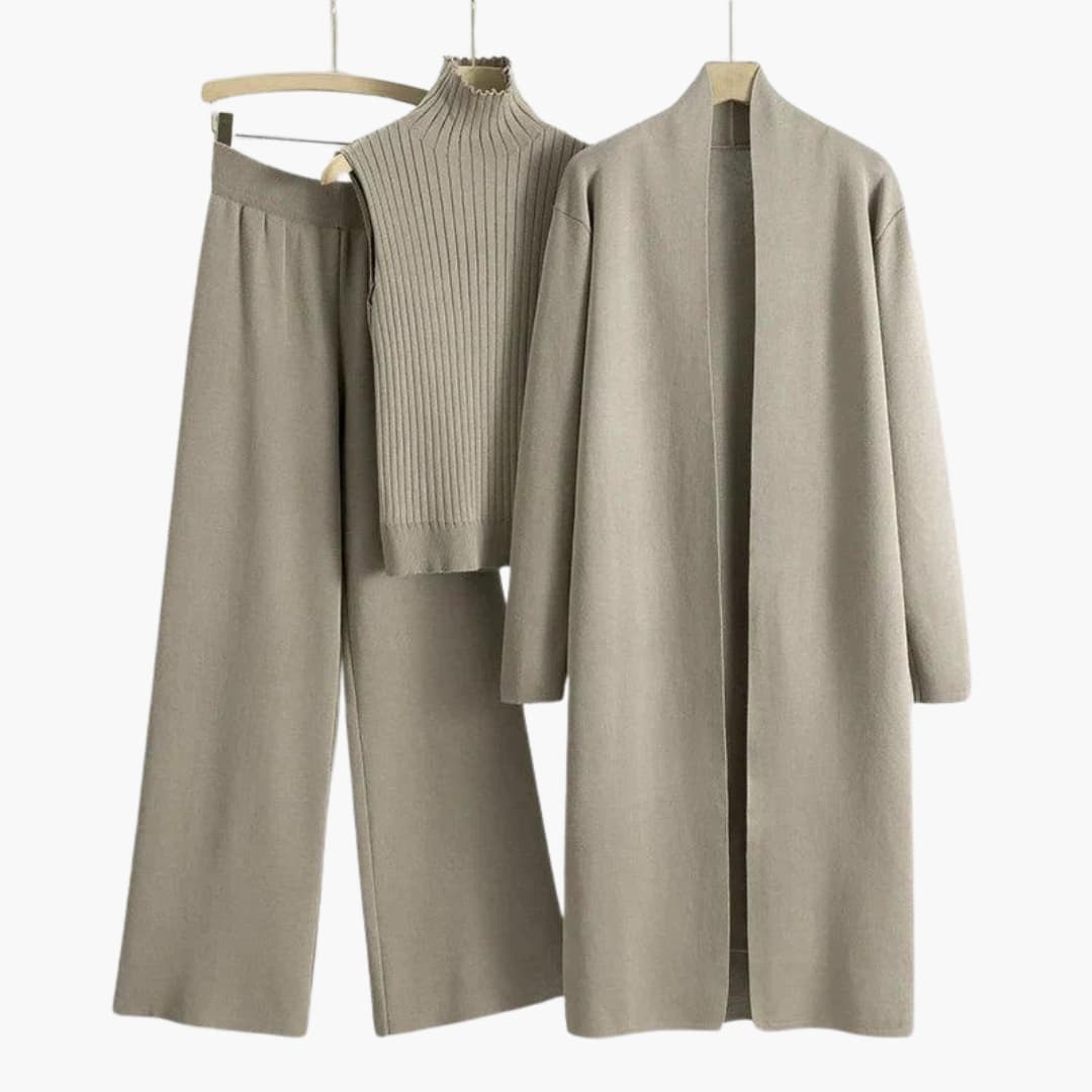 Women’s Three-Piece Knit Set with Sleeveless Turtleneck and Wide-Leg Pants