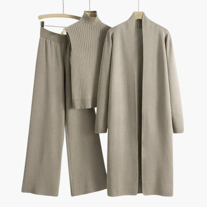 Women’s Three-Piece Knit Set with Sleeveless Turtleneck and Wide-Leg Pants