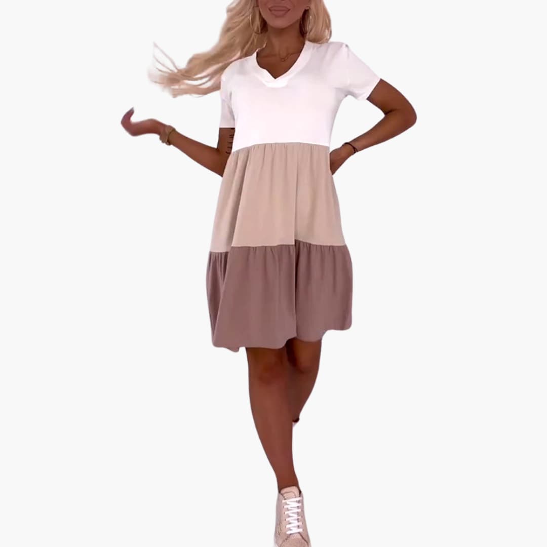 Women’s Dress with Short Sleeves and Colourblock Pattern