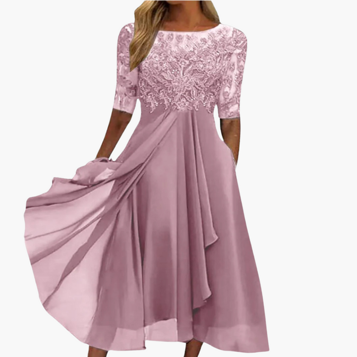 Women’s Midi Dress with Embroidery and Sheer Sleeves