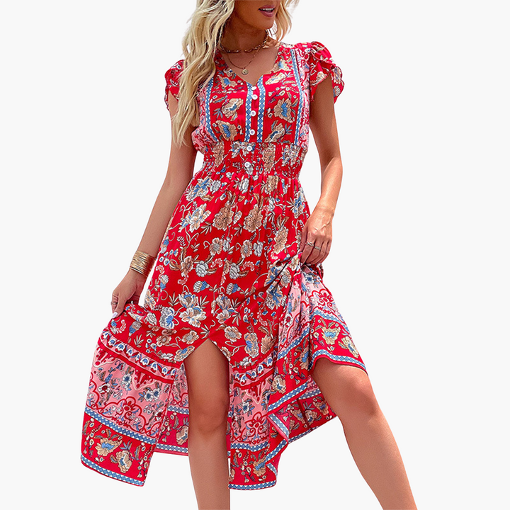 Women’s Midi Dress with V‑Neckline and Elastic Waist