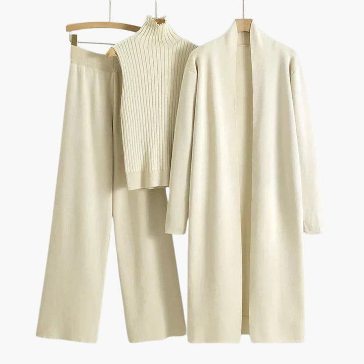 Women’s Three-Piece Knit Set with Sleeveless Turtleneck and Wide-Leg Pants