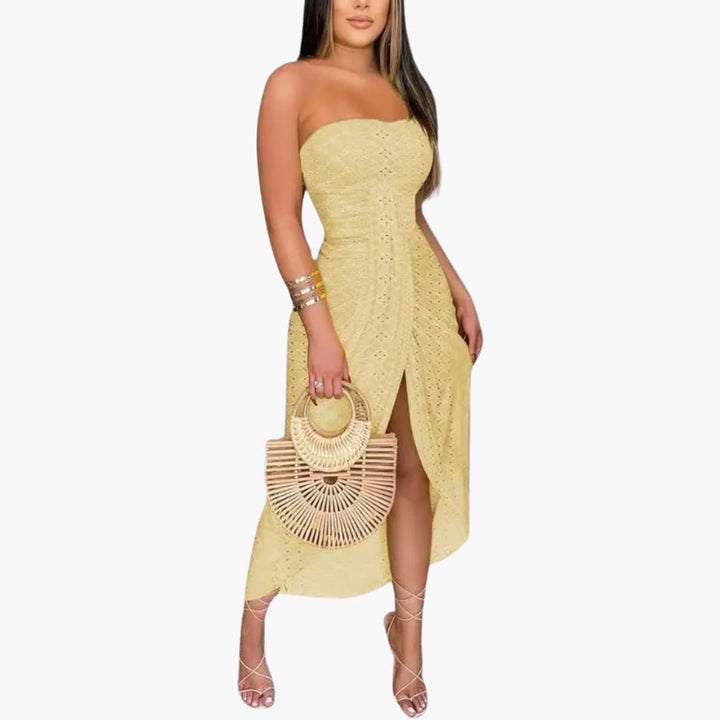 Women’s Strapless Midi Dress with Front Slit and Embroidery