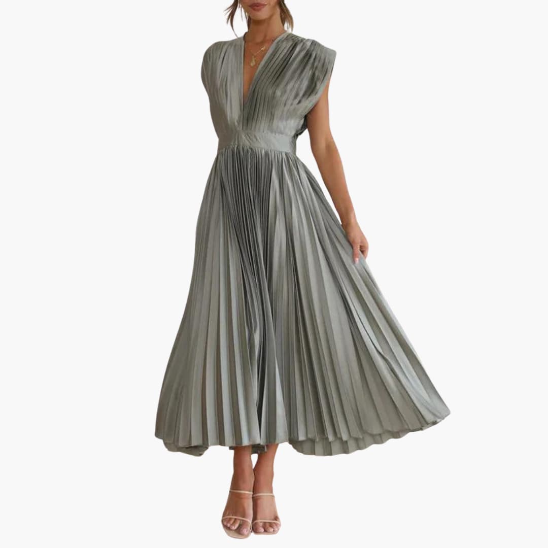 Women’s Midi Dress with V-Neck and Pleated Skirt
