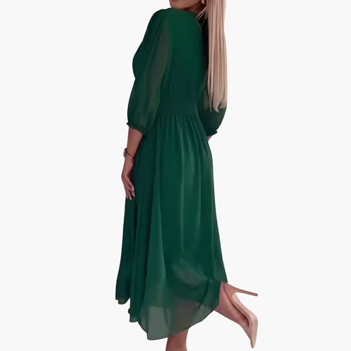 Women’s Midi Dress with V Neck and Ruched Waist