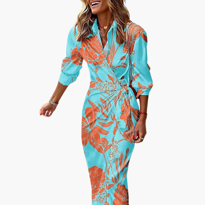 Women’s Midi Shirt Dress with Waist Tie and Wrap Front