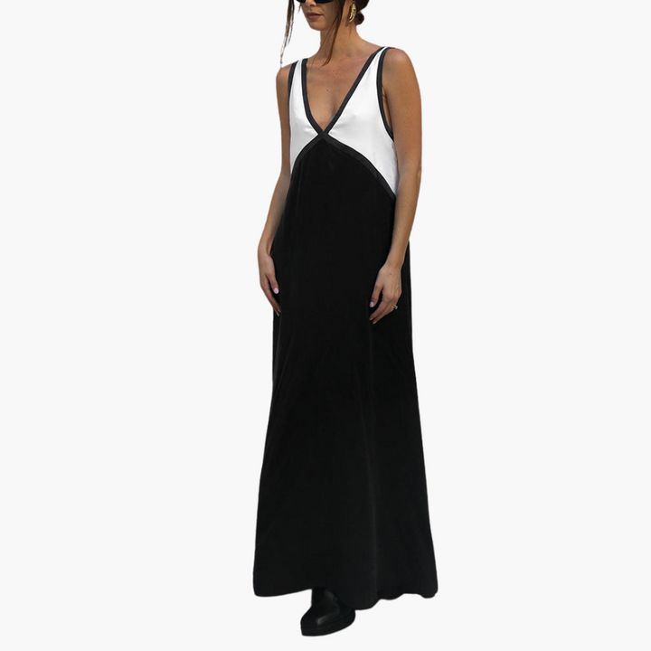 Women’s Maxi Dress with V-Neck and Colour-Block Design