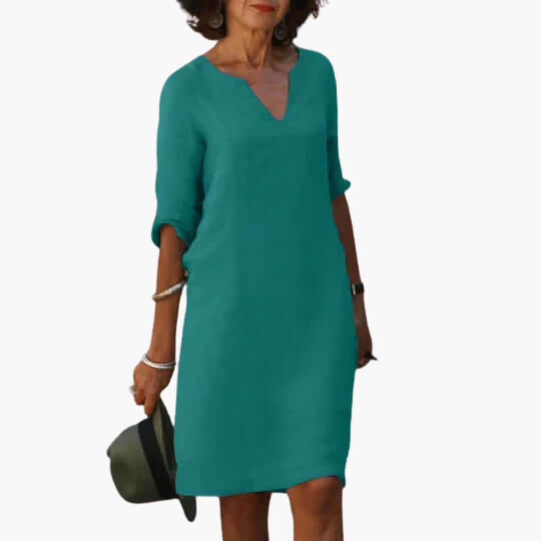 Women’s Shift Dress with Notch Neckline and Long Sleeves