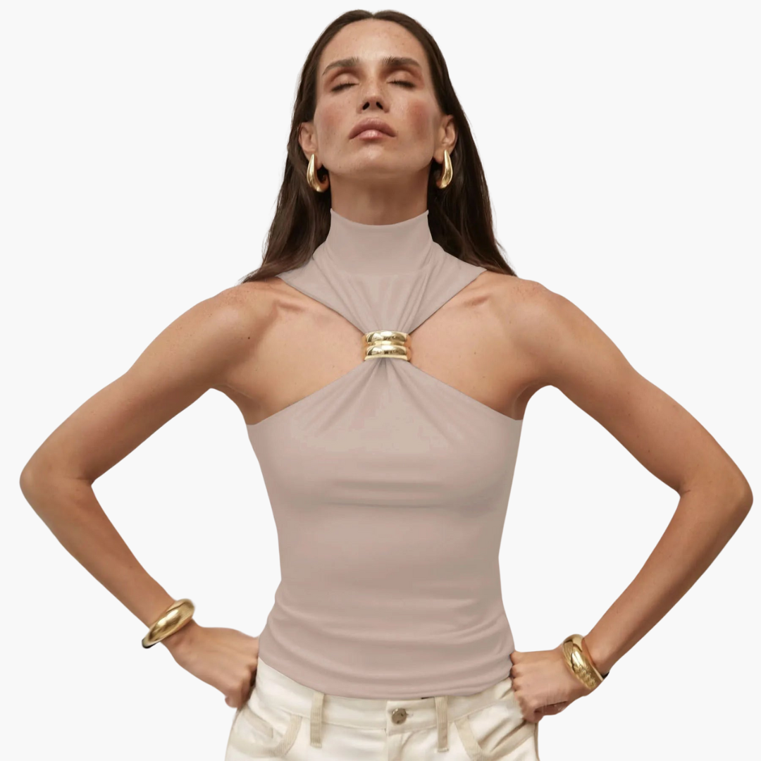 Women’s Halter Top with High Neck and Gold Accent