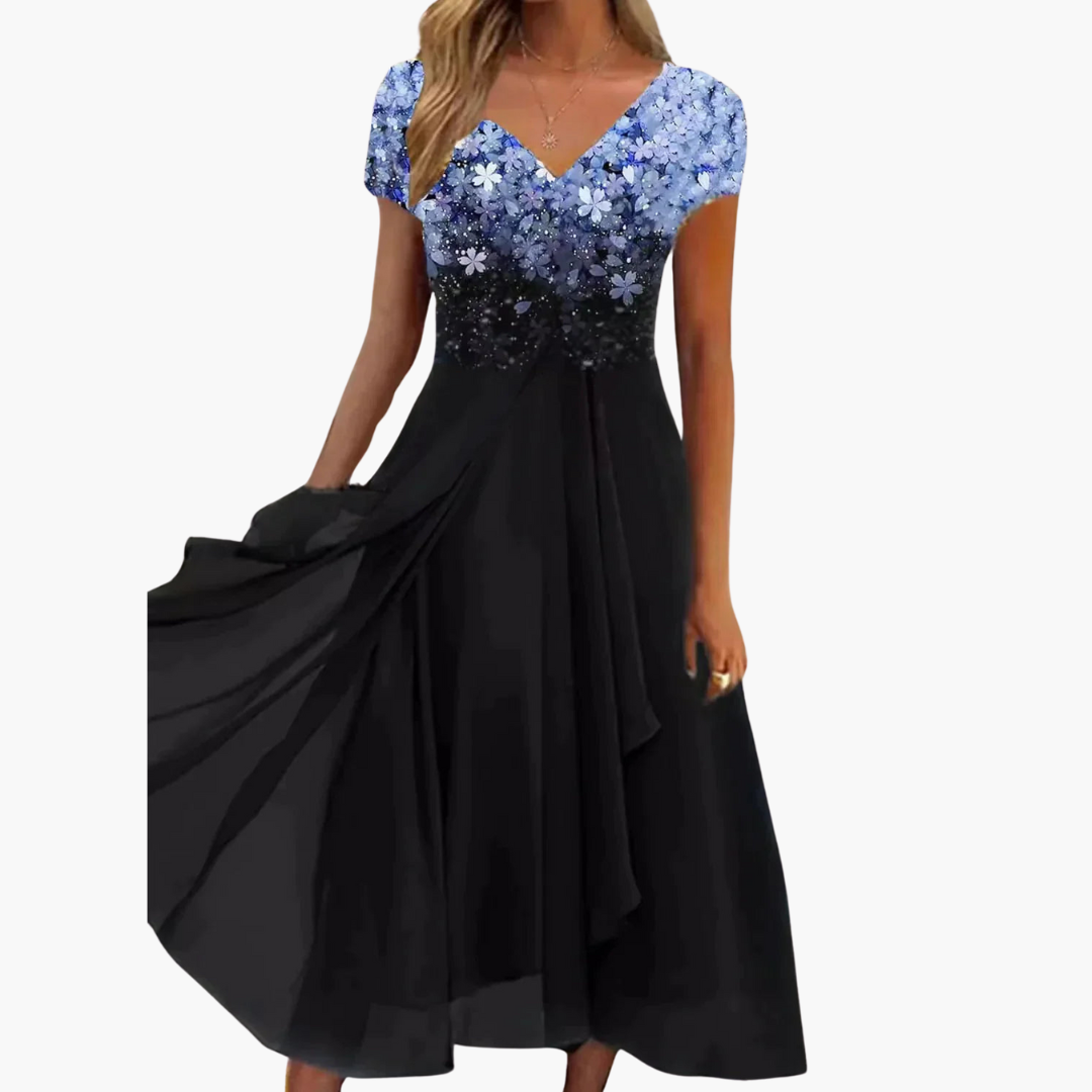 Women’s Midi Dress with V Neckline and Draped Skirt